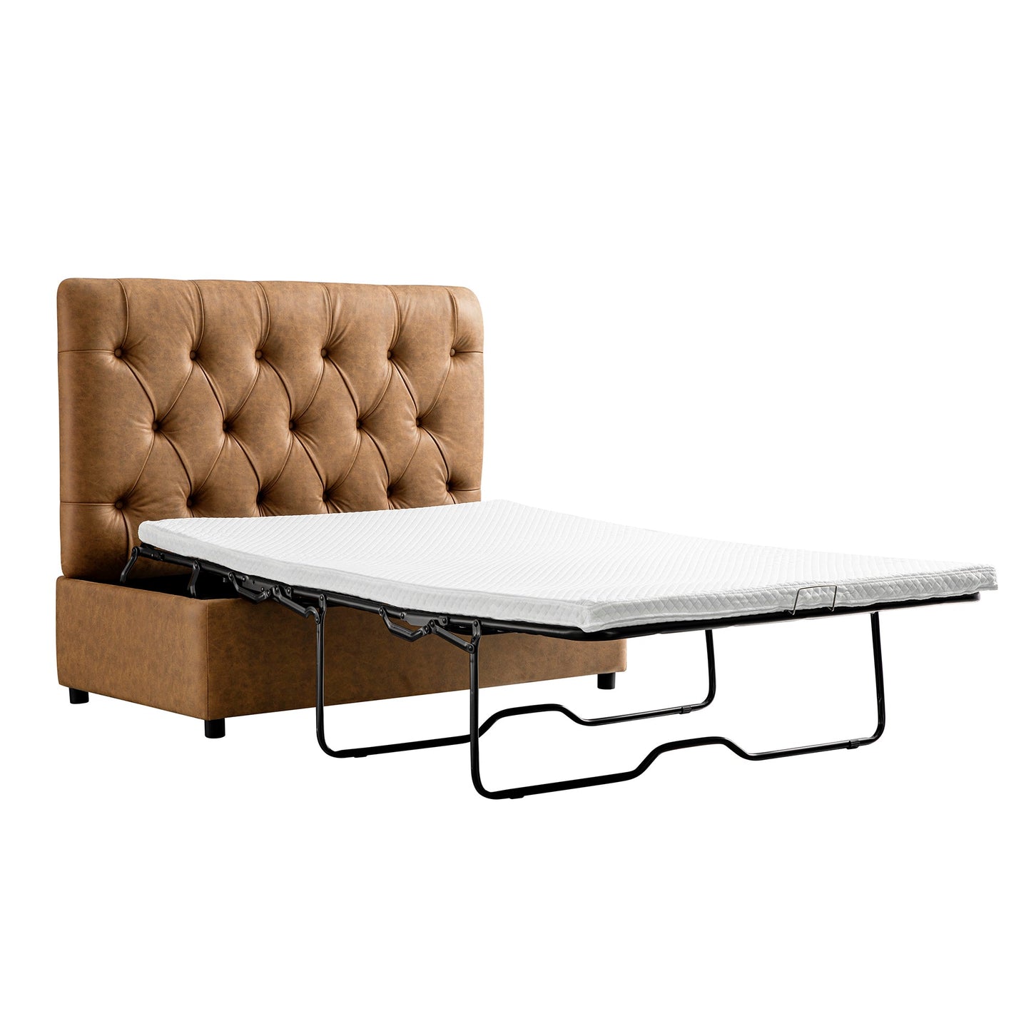 Portland Small Double Buttoned Fold-Out Bed in Ottoman, Tan Faux Suede