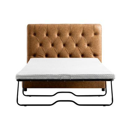 Portland Small Double Buttoned Fold-Out Bed in Ottoman, Tan Faux Suede