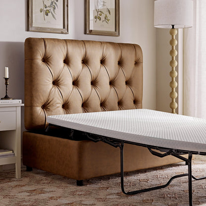Portland Small Double Buttoned Fold-Out Bed in Ottoman, Tan Faux Suede