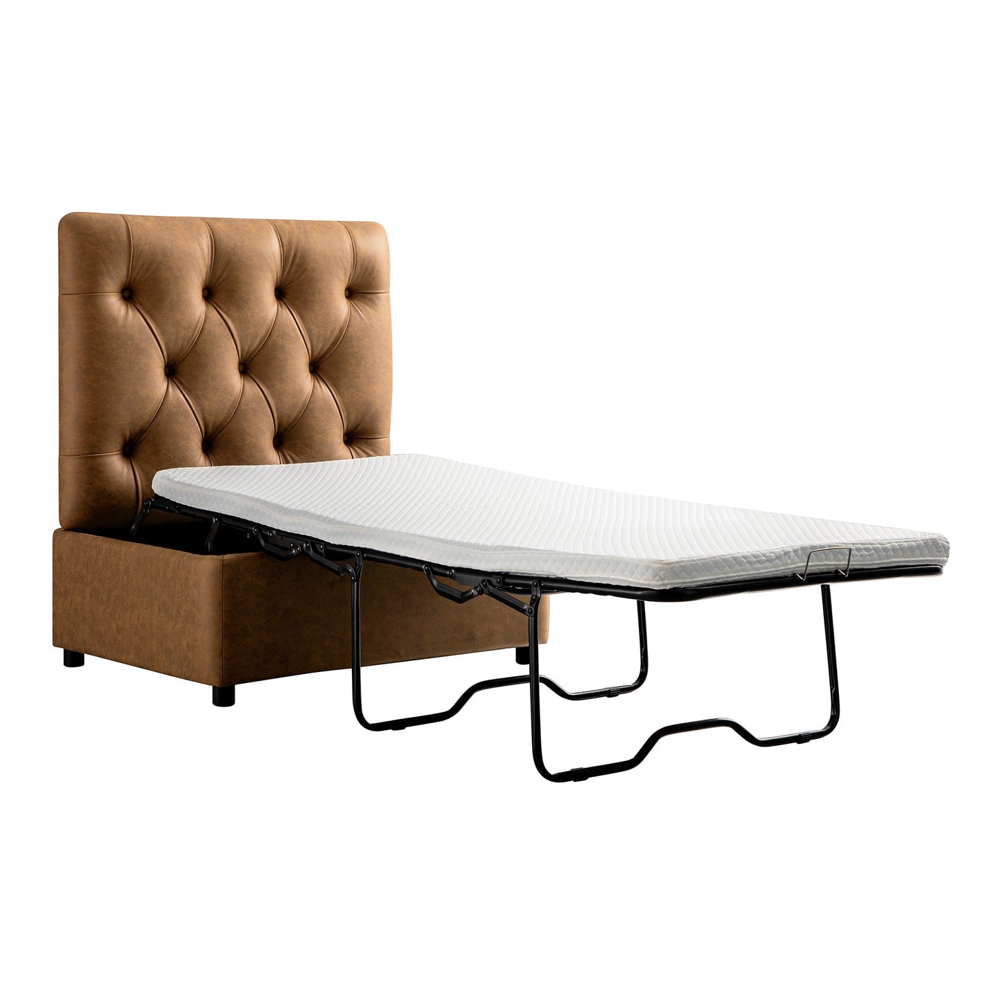 Portland Single Buttoned Fold-Out Bed in Ottoman, Tan Faux Suede