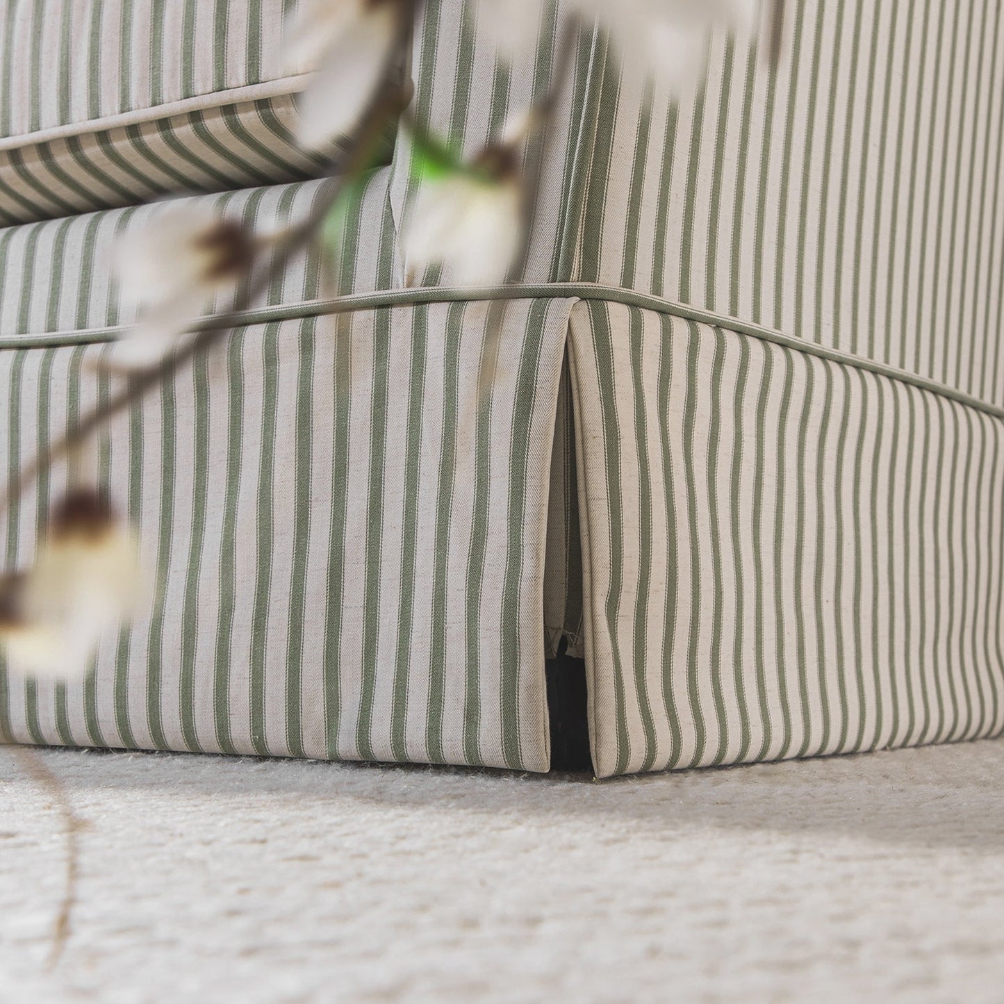 Fitz Skirted Loveseat, Sage Striped Linen Blend