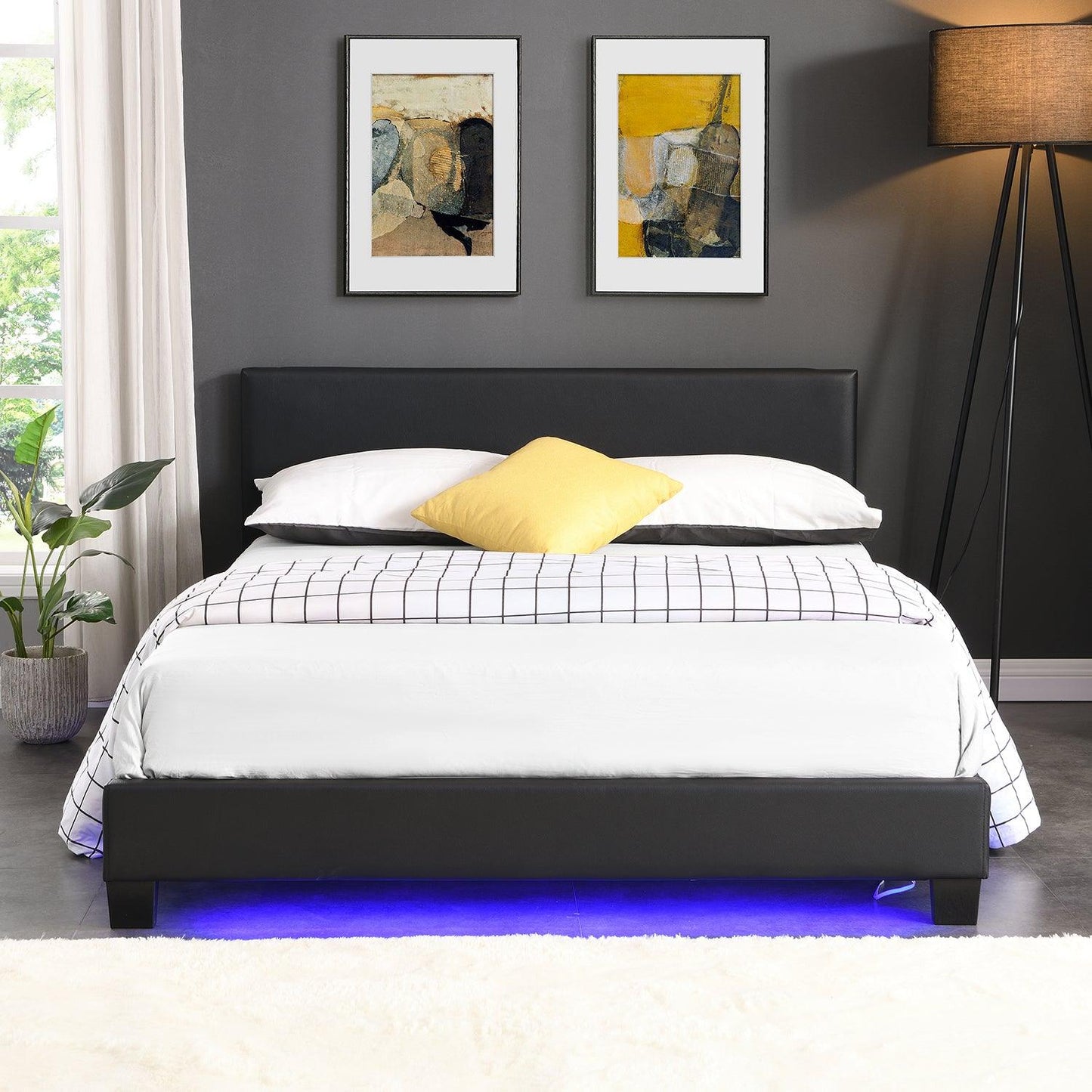 URSA Black PU Leather Bed Frame with LED on Footend