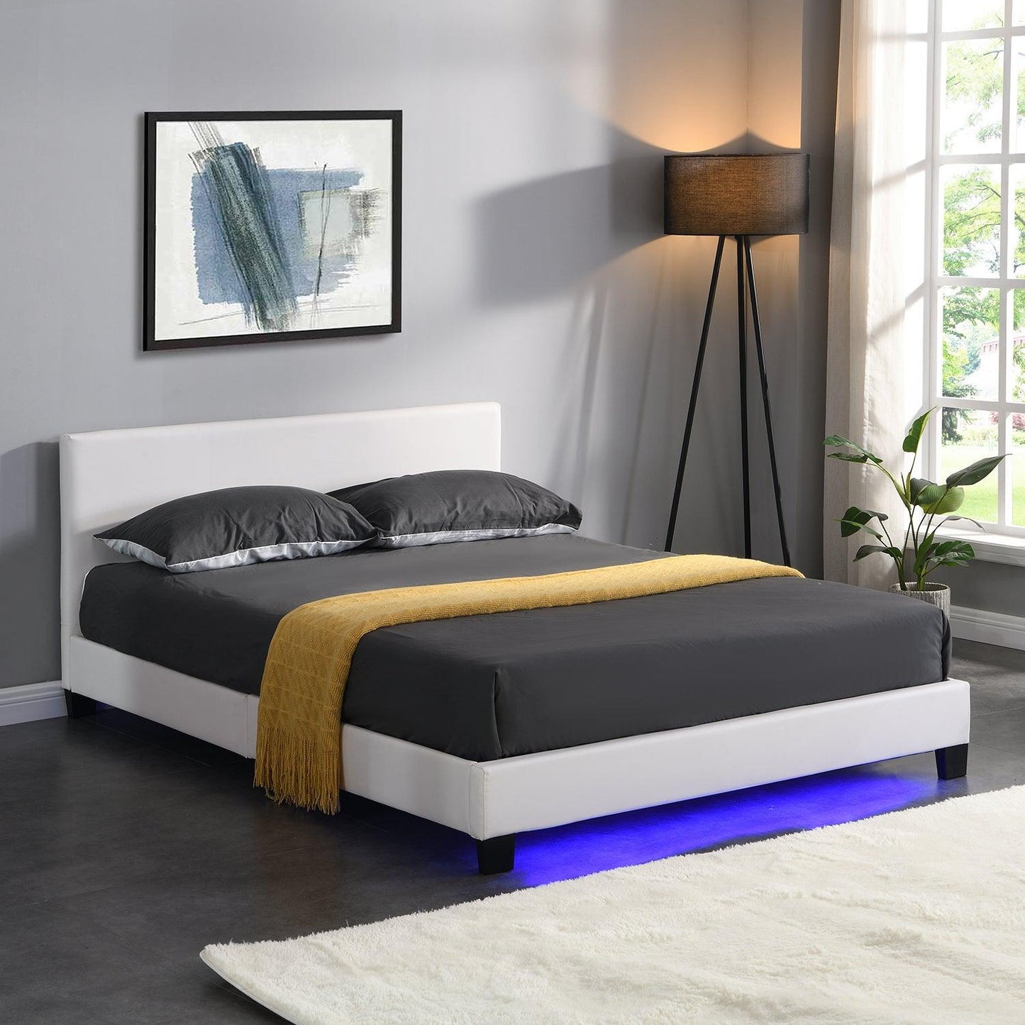 URSA White PU Leather Bed Frame with LED on Footend
