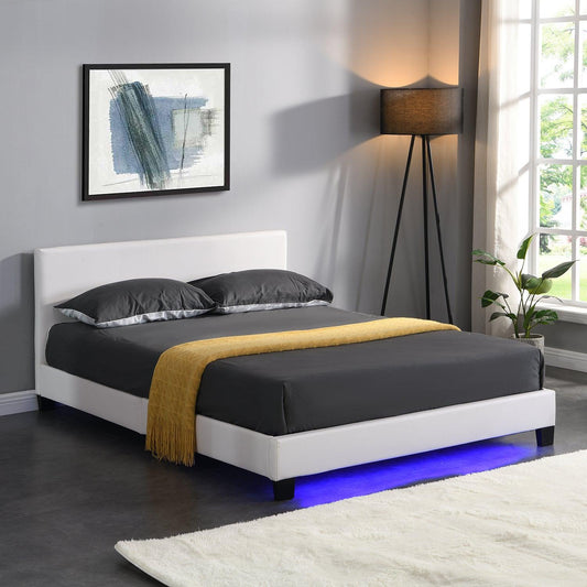 URSA White PU Leather Bed Frame with LED on Footend