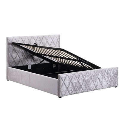 Hayden Crushed Velvet Side Lift Storage Ottoman Upholstered Bed Frame Silver