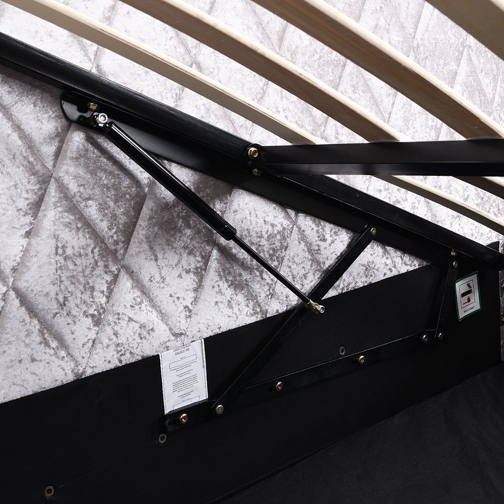 Hayden Crushed Velvet Side Lift Storage Ottoman Upholstered Bed Frame Silver