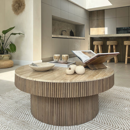 Sloane - Beige Travertine Round Warm Wood Premium Coffee Table