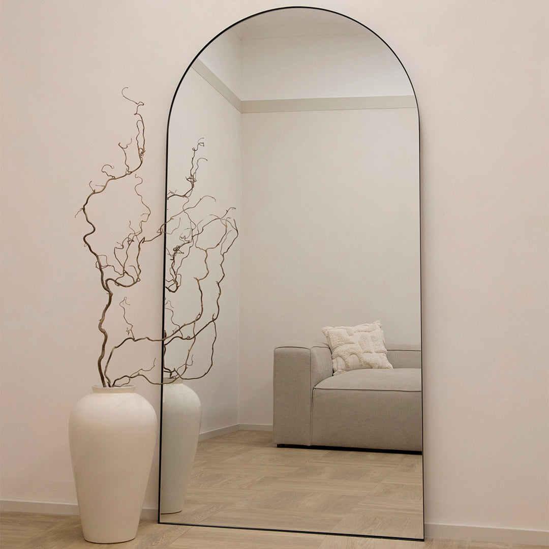 Theo - Full Length Black Arched Large Metal Mirror 180cm x 90cm