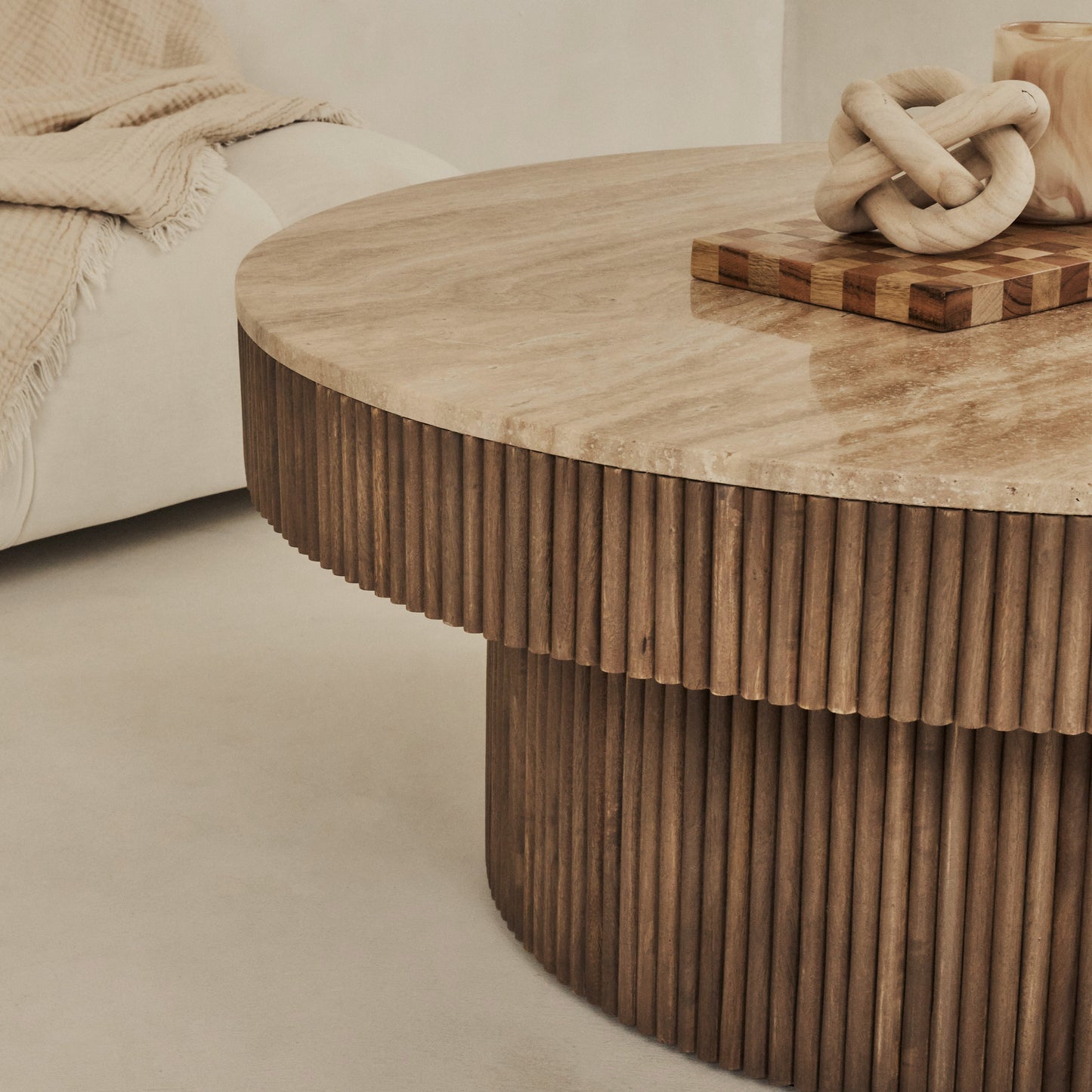 Sloane - Beige Travertine Round Warm Wood Premium Coffee Table