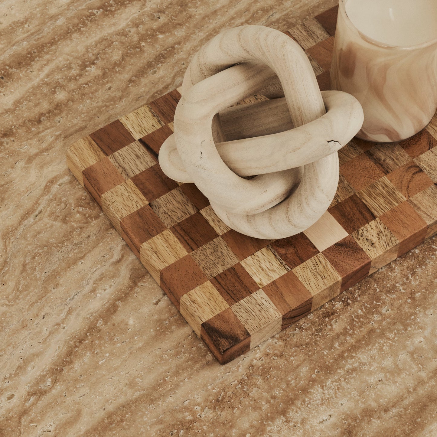 Sloane - Beige Travertine Round Warm Wood Premium Coffee Table