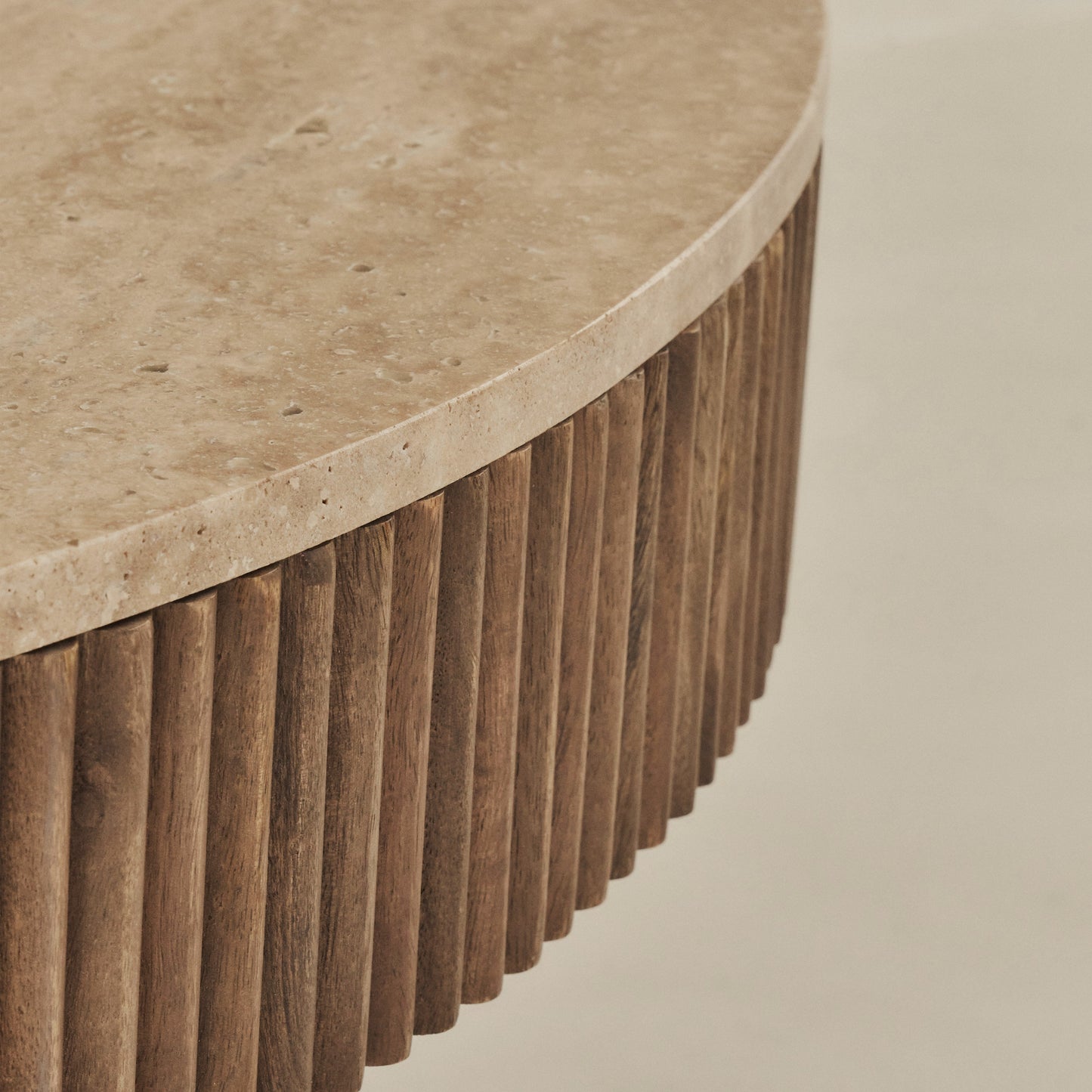 Sloane - Beige Travertine Round Warm Wood Premium Coffee Table