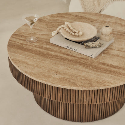 Sloane - Beige Travertine Round Warm Wood Premium Coffee Table