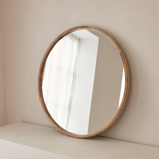 Arden - Large Light Wood Round Wooden Wall Mirror 90cm x 90cm