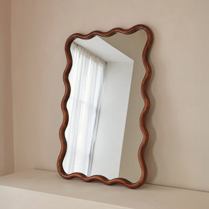 Marea - Dark Wood Wavy Retro Wall Mirror 100cm x 70cm