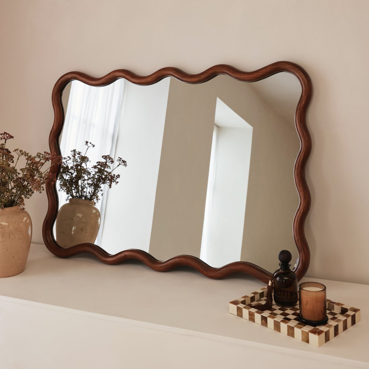 Marea - Dark Wood Wavy Retro Wall Mirror 100cm x 70cm