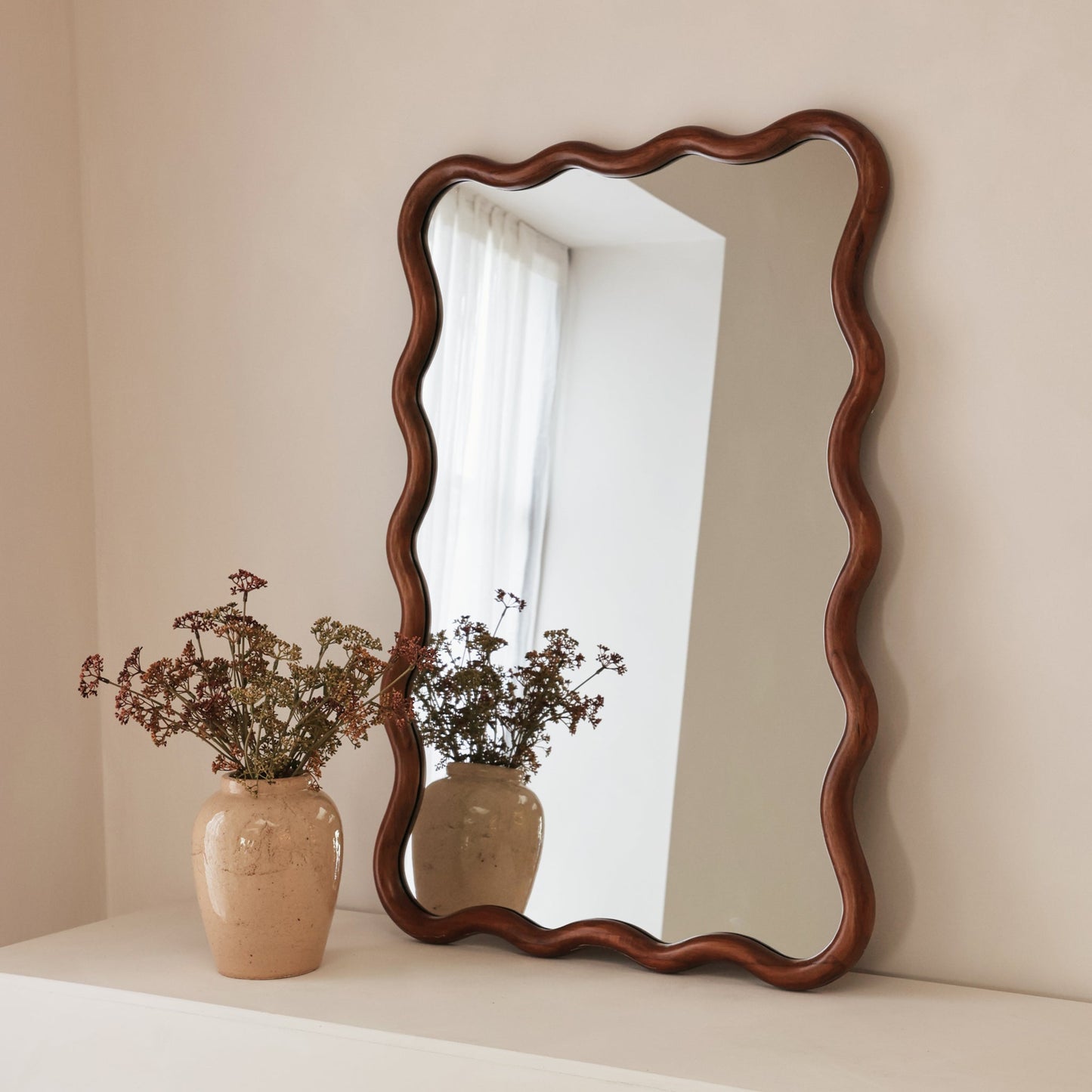 Marea - Dark Wood Wavy Retro Wall Mirror 100cm x 70cm