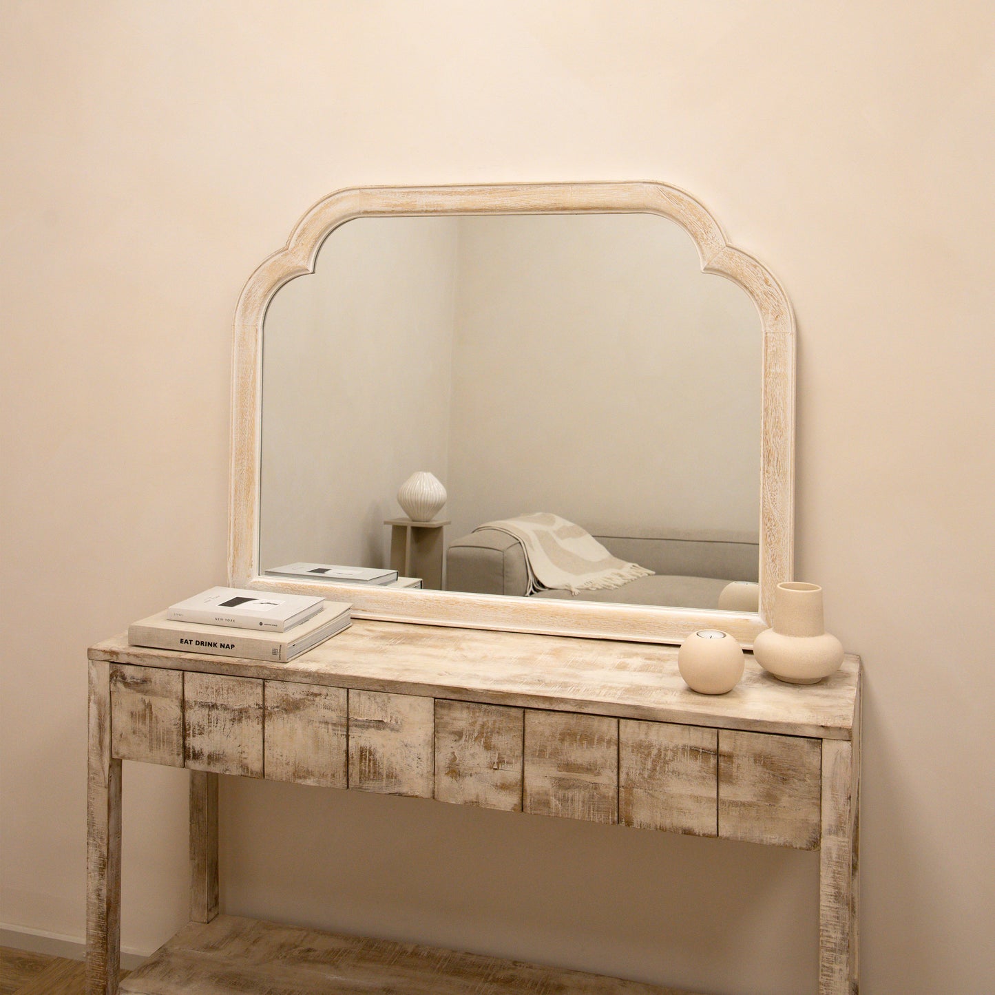 Elena - White Washed Wood Arched Overmantle Mirror 100cm x 75cm