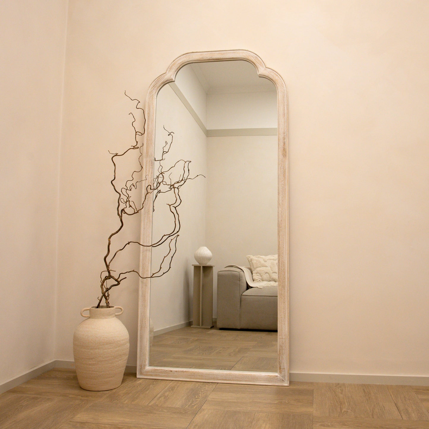 Elena - Full Length White Washed Wood Arched Mirror 170cm x 75cm