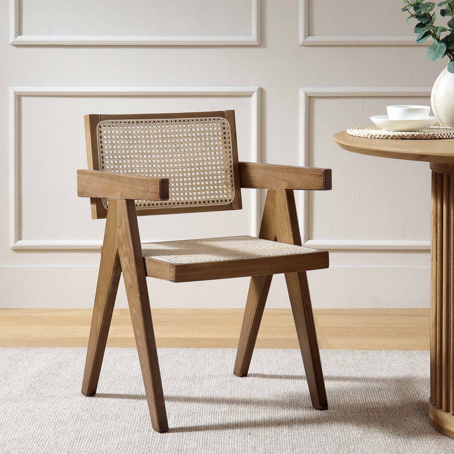 Jeanne Light Walnut Cane Rattan Solid Beech Wood Dining Chair