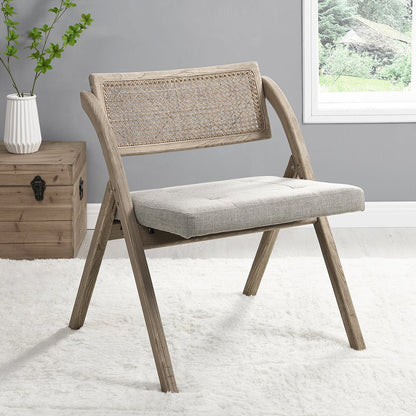 Bordon Natural Cane Rattan Folding Chair with Grey Upholstered Seat