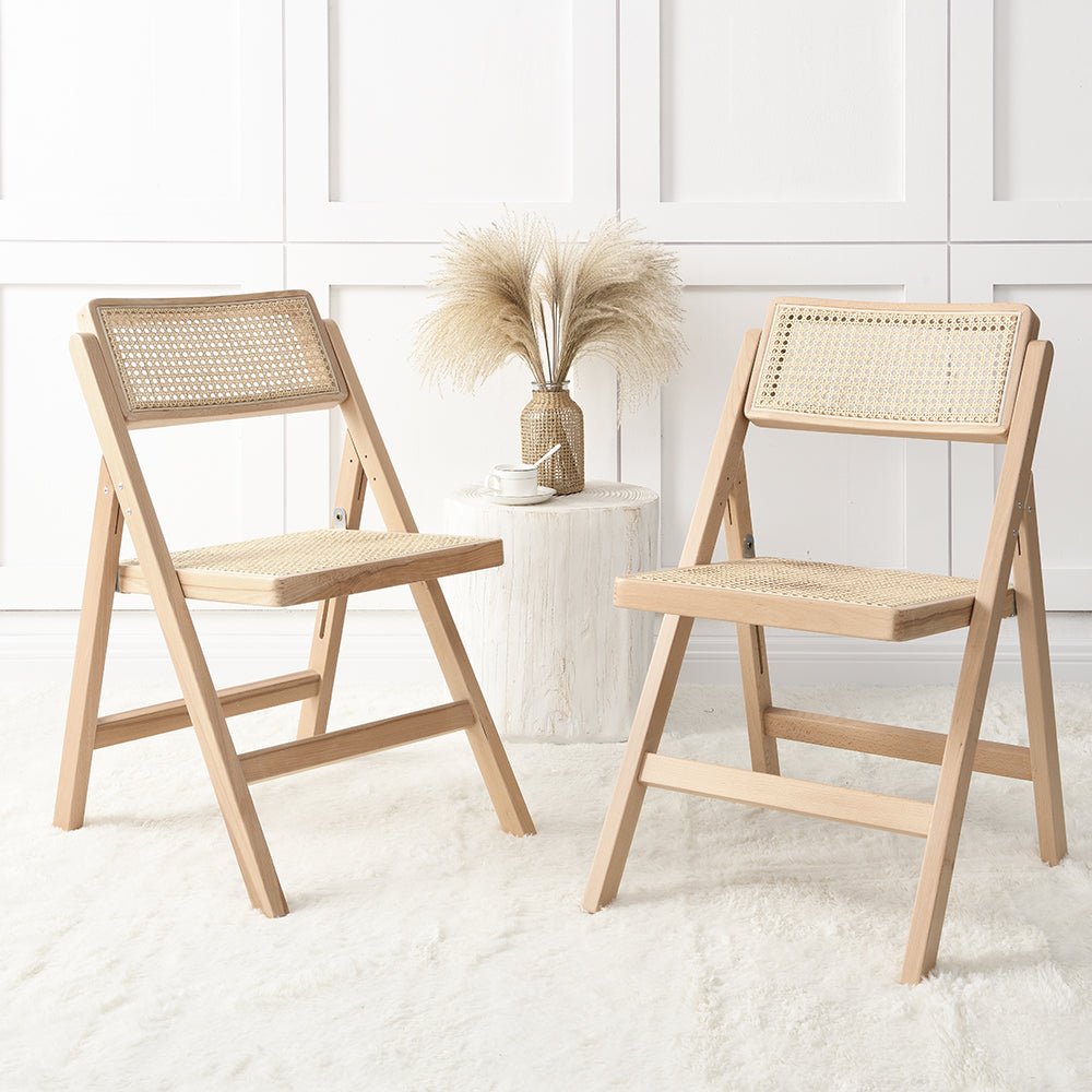 Frances Set of 2 Folding Cane Rattan Chairs, Natural Colour