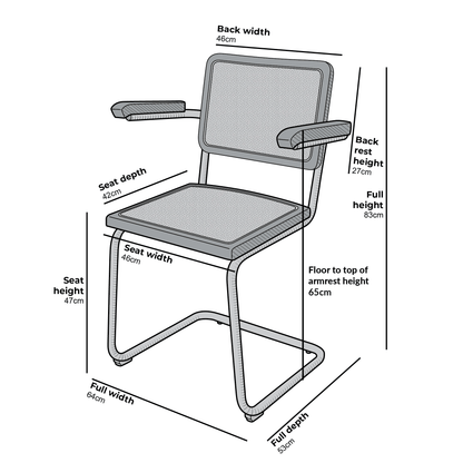 Rayna Pair of 2 Solid Beech Dining Chairs with Armrests, Natural Cane & Chrome (Black)