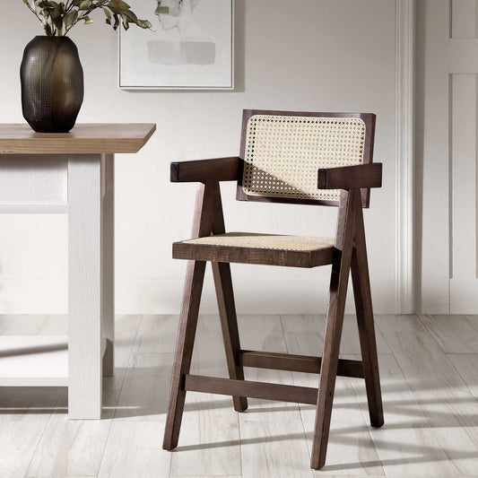 Jeanne Dark Walnut Cane Rattan Solid Beech Wood Counter Stool