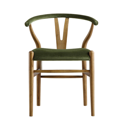 Hansel Upholstered Padded Dining Chair, Moss Green Velvet and Light Walnut Frame