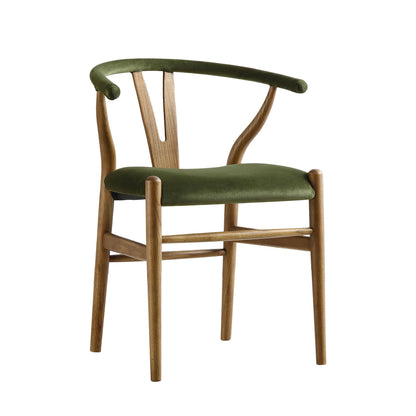 Hansel Upholstered Padded Dining Chair, Moss Green Velvet and Light Walnut Frame