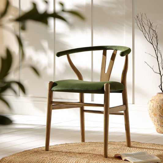 Hansel Upholstered Padded Dining Chair, Moss Green Velvet and Light Walnut Frame