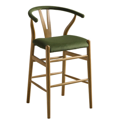 Hansel Upholstered Counter Stool, Moss Green Velvet and Light Walnut Frame