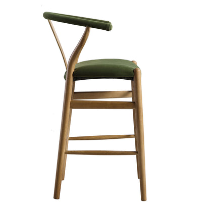 Hansel Upholstered Counter Stool, Moss Green Velvet and Light Walnut Frame
