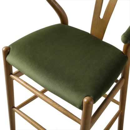 Hansel Upholstered Counter Stool, Moss Green Velvet and Light Walnut Frame