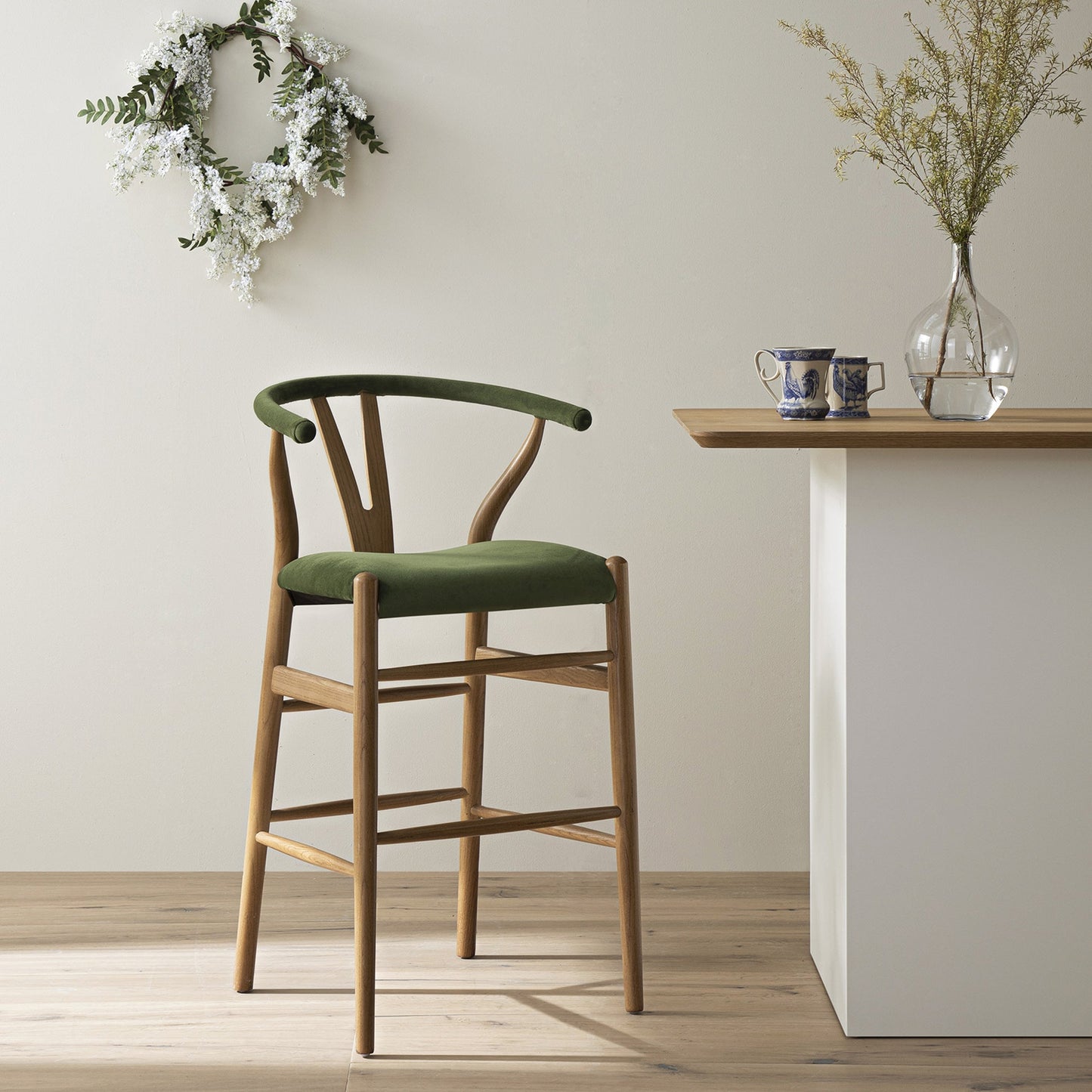 Hansel Upholstered Counter Stool, Moss Green Velvet and Light Walnut Frame