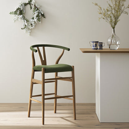 Hansel Upholstered Counter Stool, Moss Green Velvet and Light Walnut Frame