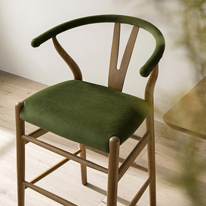 Hansel Upholstered Counter Stool, Moss Green Velvet and Light Walnut Frame