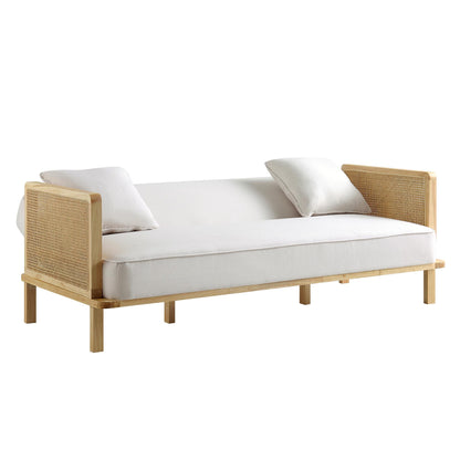 Pienza Cane Sofa Bed, Beige Woven Fabric with Natural Solid Oak Frame