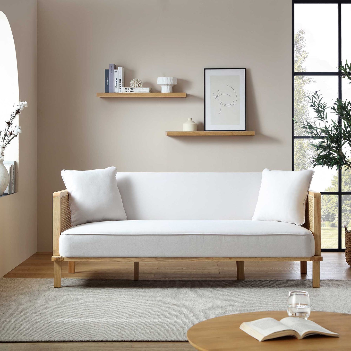 Pienza Cane Sofa Bed, Beige Woven Fabric with Natural Solid Oak Frame
