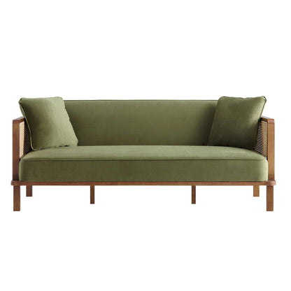 Pienza Cane Sofa Bed, Moss Green Velvet with Walnut Frame