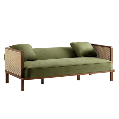 Pienza Cane Sofa Bed, Moss Green Velvet with Walnut Frame