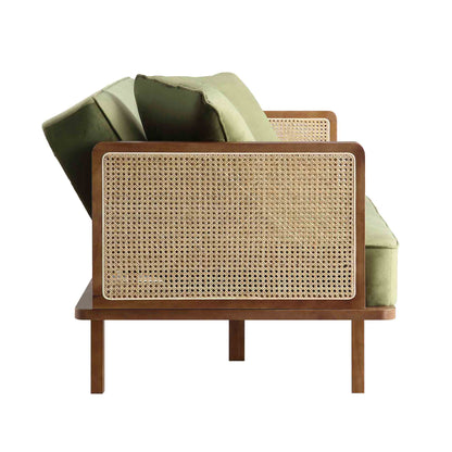 Pienza Cane Sofa Bed, Moss Green Velvet with Walnut Frame