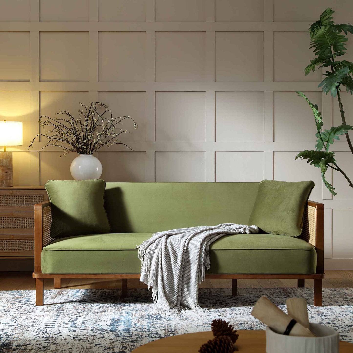 Pienza Cane Sofa Bed, Moss Green Velvet with Walnut Frame