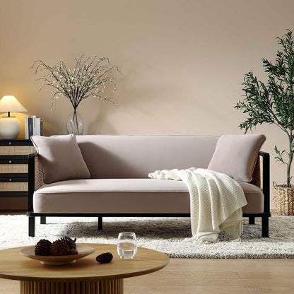 Pienza Cane Sofa Bed, Taupe Velvet with Black Solid Wood Frame