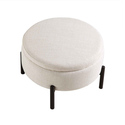 Amboise Round Storage Pouffe, Beige Linen Blend