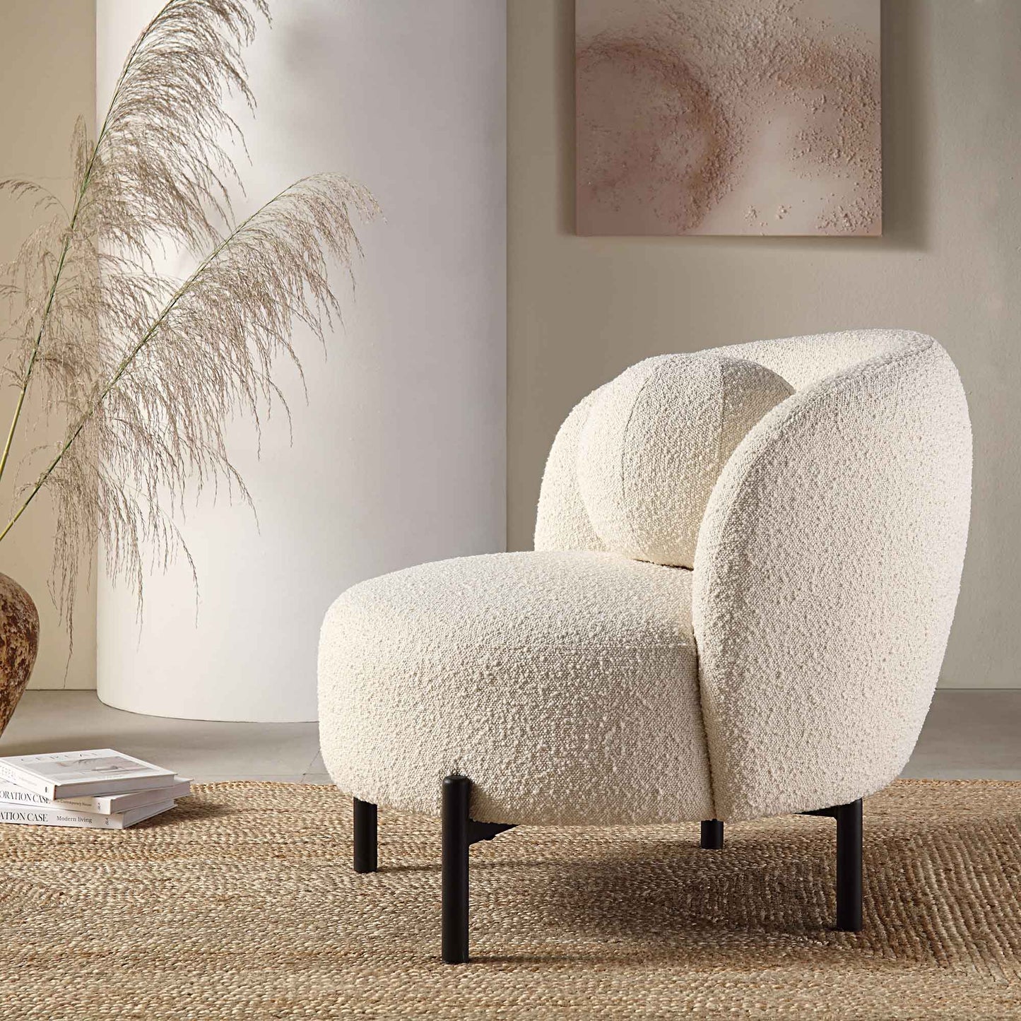 Amboise Armchair with Ball Cushion, Ecru Boucle