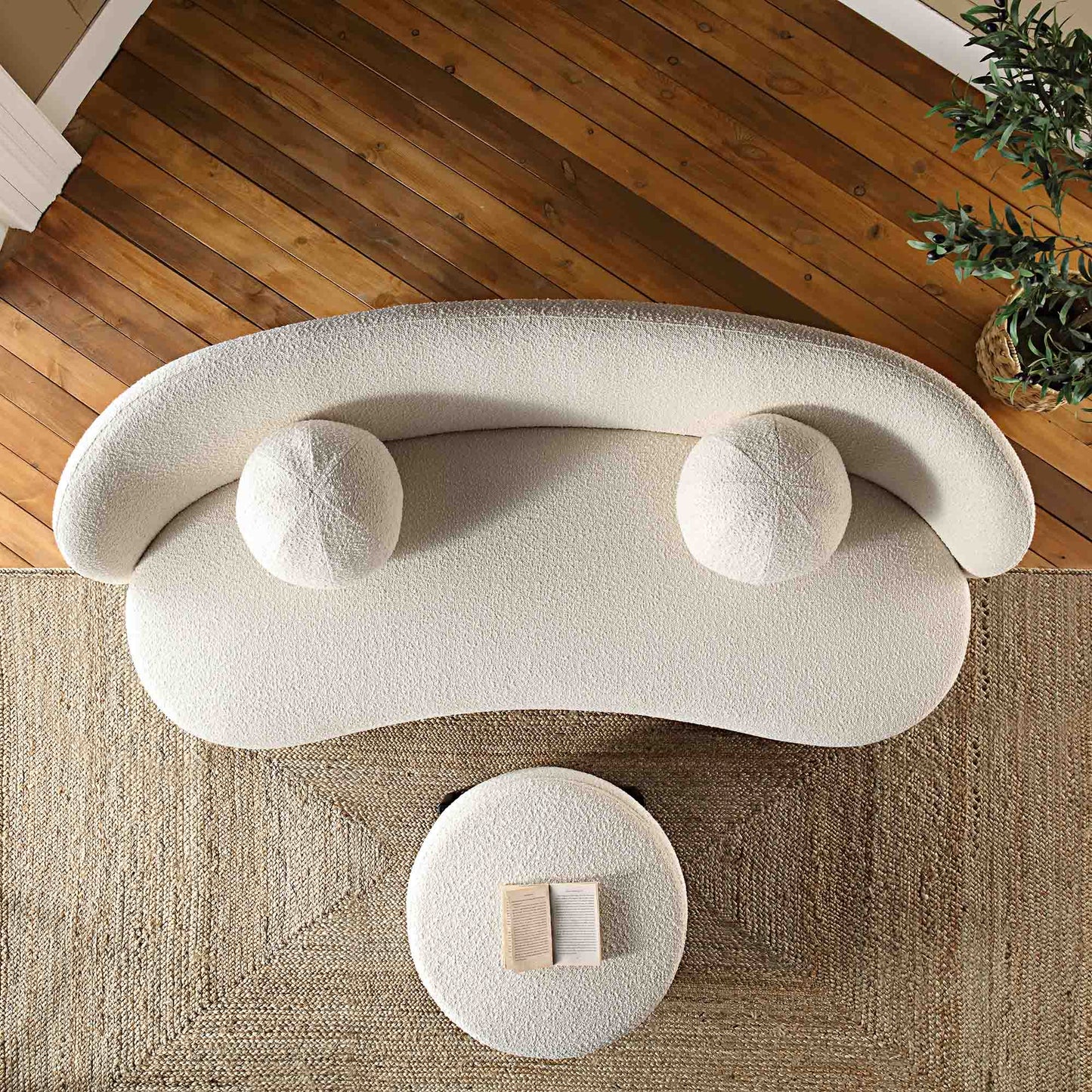 Amboise 3-Seater Curved Sofa with Ball Cushions, Ecru Boucle