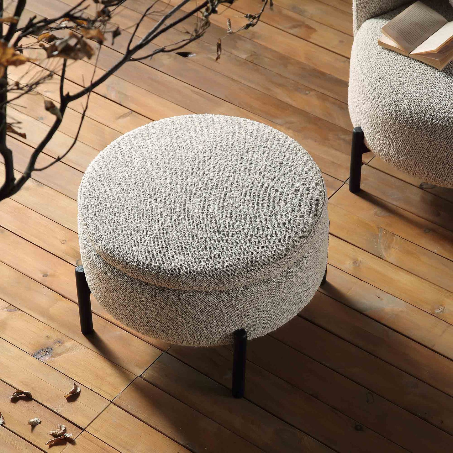 Amboise Round Storage Pouffe, Mist Grey Boucle
