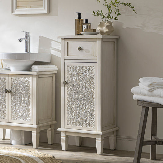 Chantilly Whitewashed Carved Bathroom Cupboard