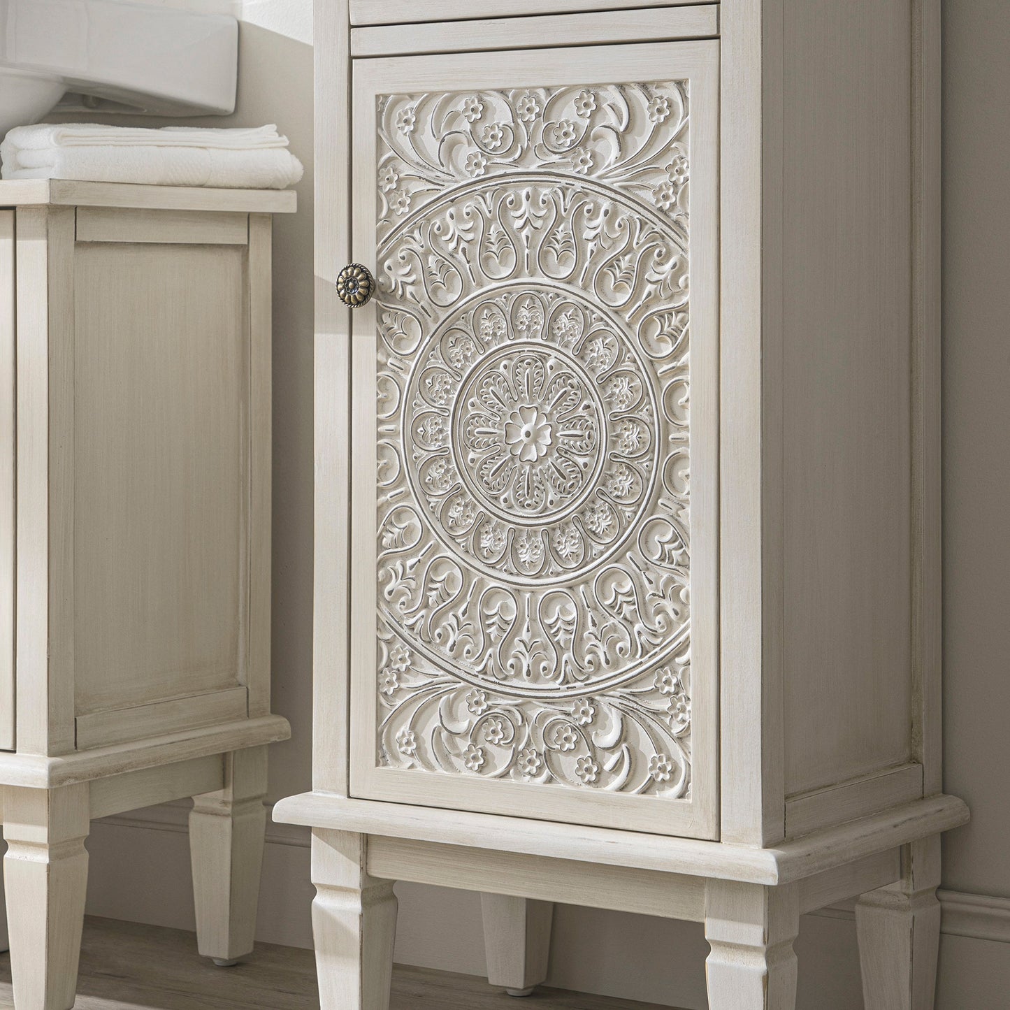 Chantilly Whitewashed Carved Bathroom Cupboard