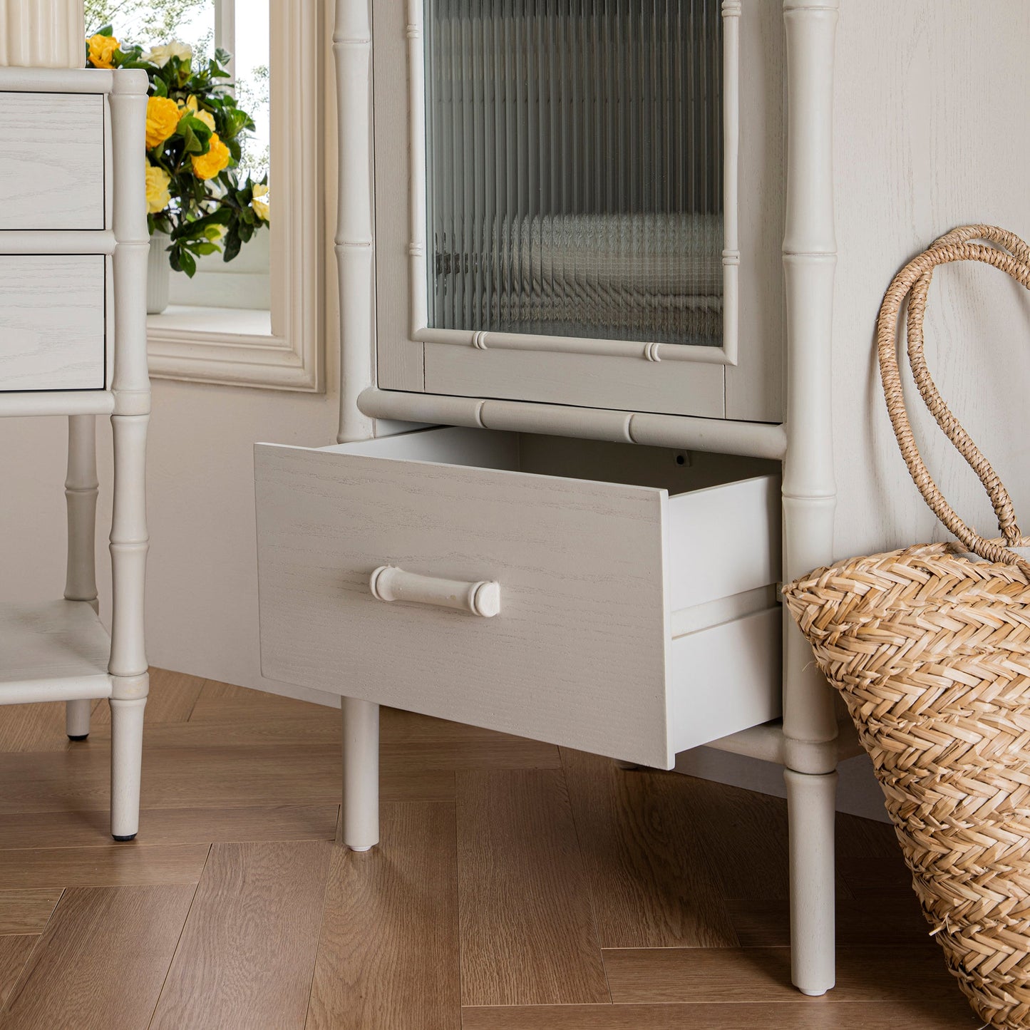 Elstowe Faux Bamboo and Fluted Glass 1-Door Cabinet, Shaded White